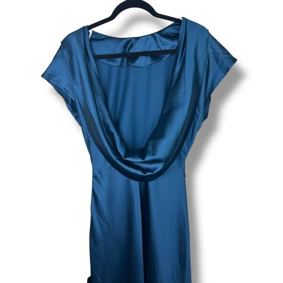 Lulus NWT Captivating Presence Dark Teal Satin Cowl Back Maxi Dress Medium - Picture 8 of 10